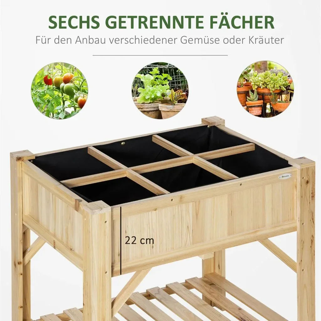 Hochbeet Holz mit 6 getrennten Anbauflächen Pflanztisch Blumenkasten Vliesstoff Natur 78,5 x 58 x 81 cm