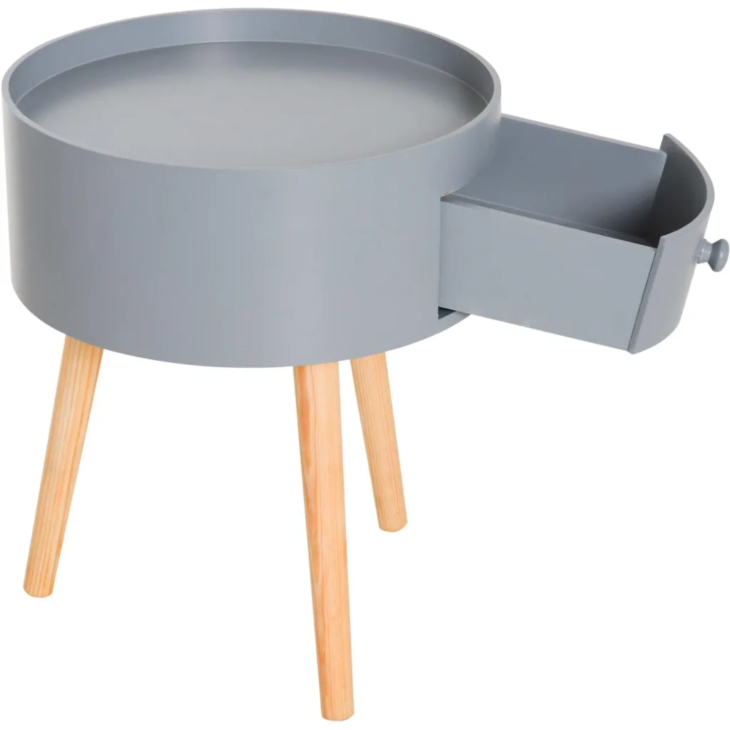 Couchtisch rund Beistelltisch mit Schublade Holz Grau