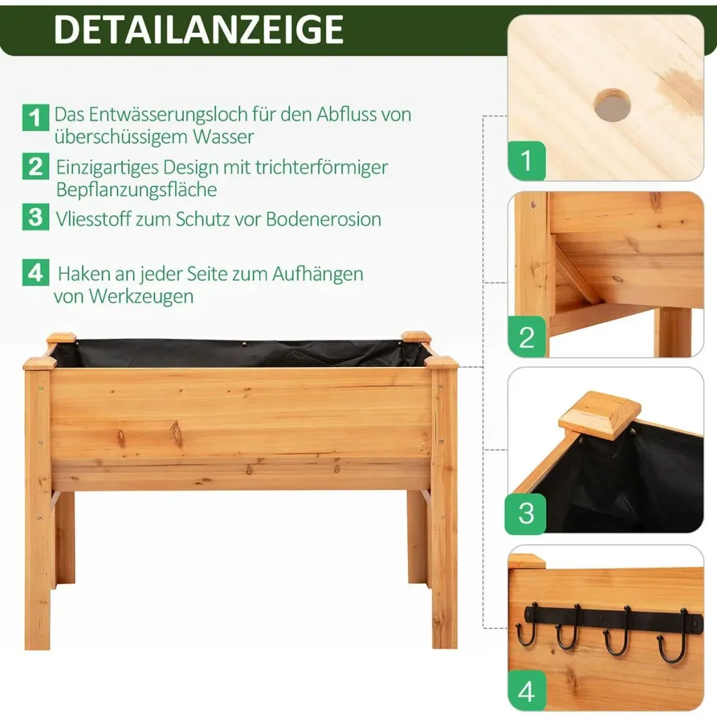 Hochbeet aus Holz Kräuterbeet Pflanzkasten mit Abflussloch Haken Blumenkasten mit Füßen Massivholz Natur 124 x 60 x 81 c