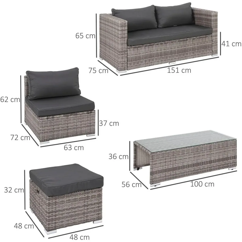 6-teiliges Lounge-Set in Rattanoptik, Metall+Polyester, grau