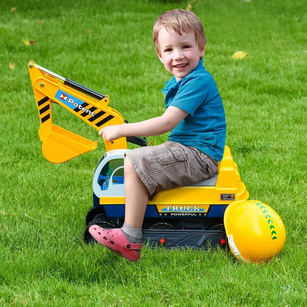 Kinderbagger Sitzbagger für Kleinkinder Rutscher Kinder Sitzbagger mit eingebautem Ablagefach Laufrad mit Schutzhelm dre