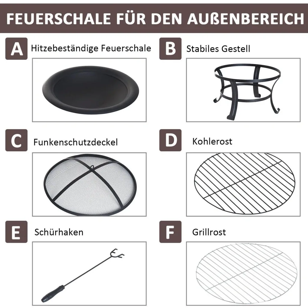 Feuerschale mit Grillrost Funkenschutz 74cm Schwarz