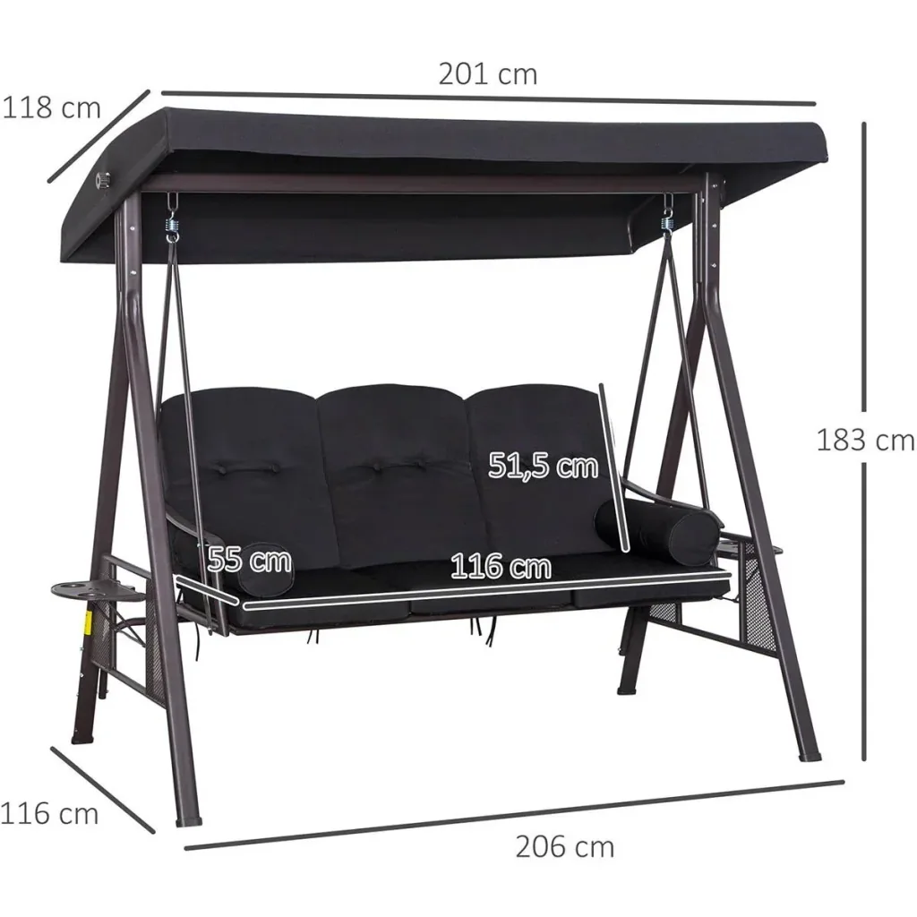 3-Sitzer Hollywoodschaukel mit Sonnenschirm Schwarz 116 x 206 x 183 cm