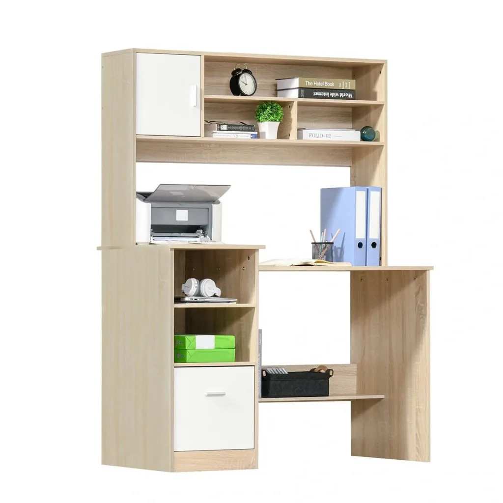 Schreibtisch Computertisch mit Bücherregal Home-Office Eiche Weiß Spanplatte 120 x 60 x 160 cm Bürotisch Schublade und A