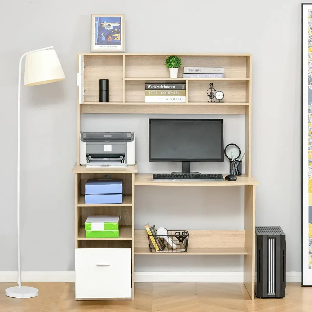 Schreibtisch Computertisch mit Bücherregal Home-Office Eiche Weiß Spanplatte 120 x 60 x 160 cm Bürotisch Schublade und A