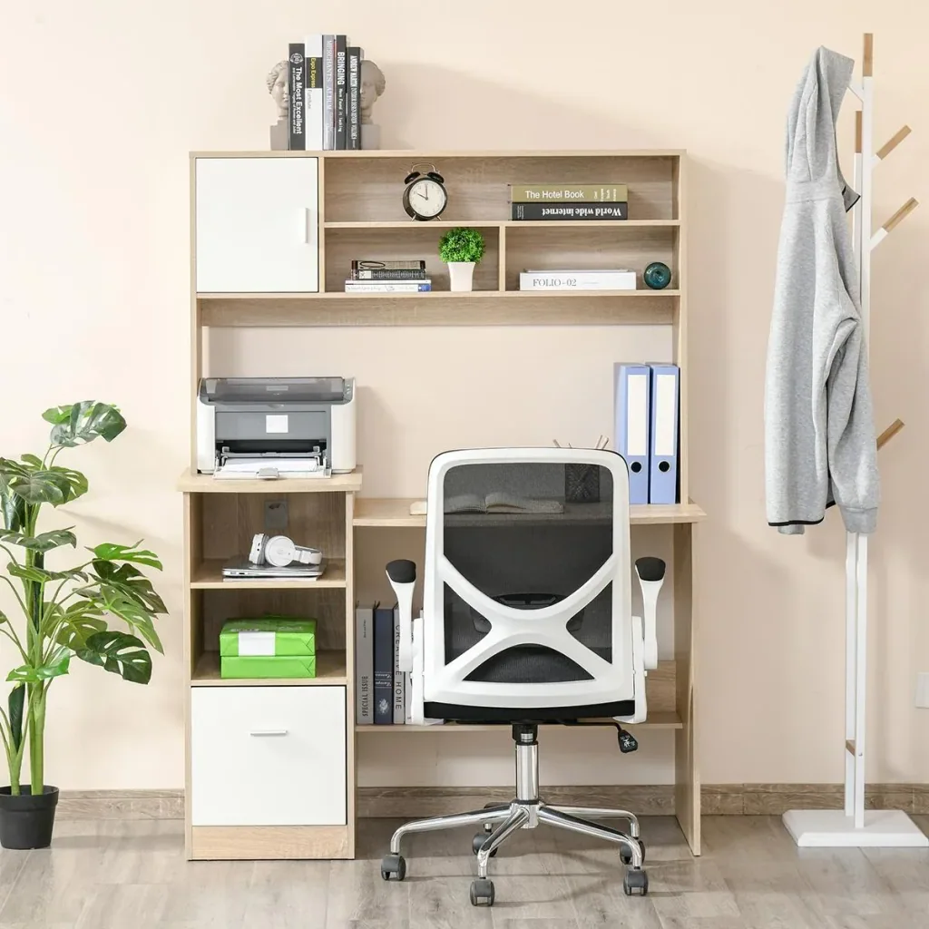 Schreibtisch Computertisch mit Bücherregal Home-Office Eiche Weiß Spanplatte 120 x 60 x 160 cm Bürotisch Schublade und A