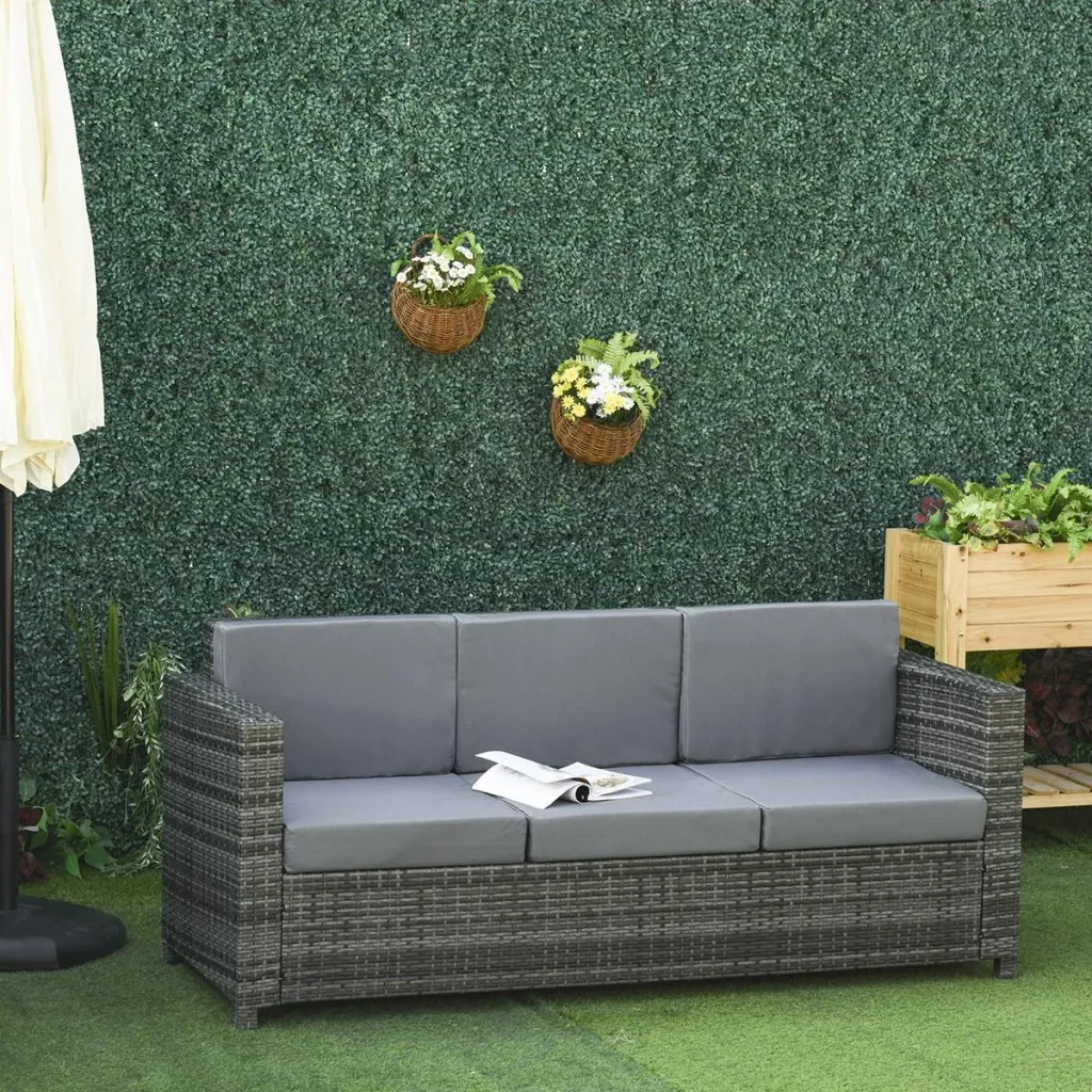 Poly-Rattan Sofa mit Kissen 3-Sitzer Garten Loungesofa Metall Polyester Grau 185 x 70 x 80 cm