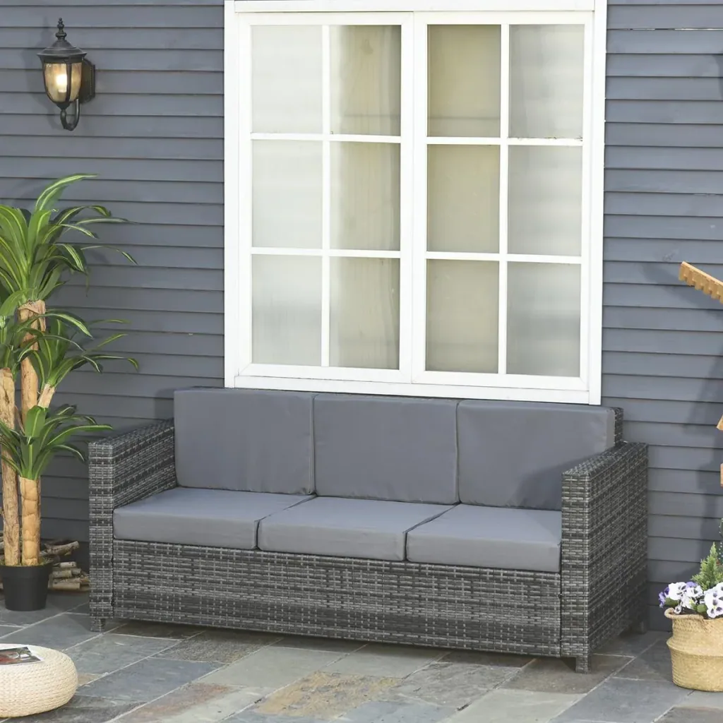 Poly-Rattan Sofa mit Kissen 3-Sitzer Garten Loungesofa Metall Polyester Grau 185 x 70 x 80 cm