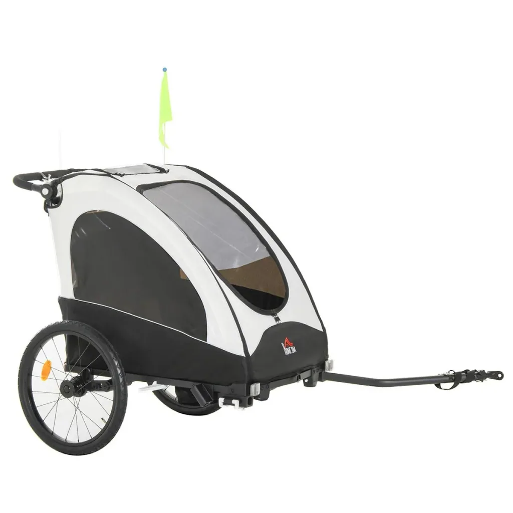 3 in 1 Kinderanhänger Aluminium Kinder Jogger Fahrradanhänger Radanhänger für 2 kinder mit Fahne Weiß+Schwarz
