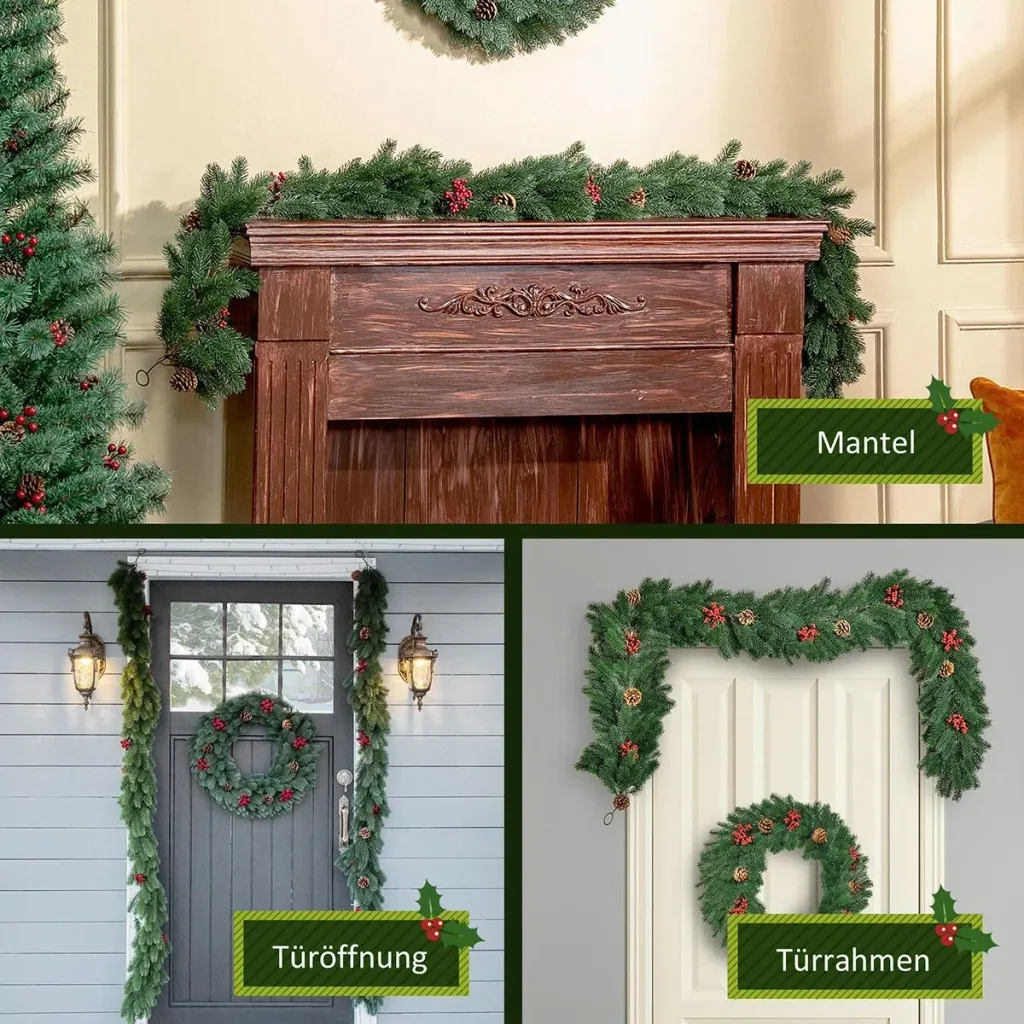 1,9M künstliche Weihnachtsgirlande Blumendekoration mit Tannenzapfen Beeren