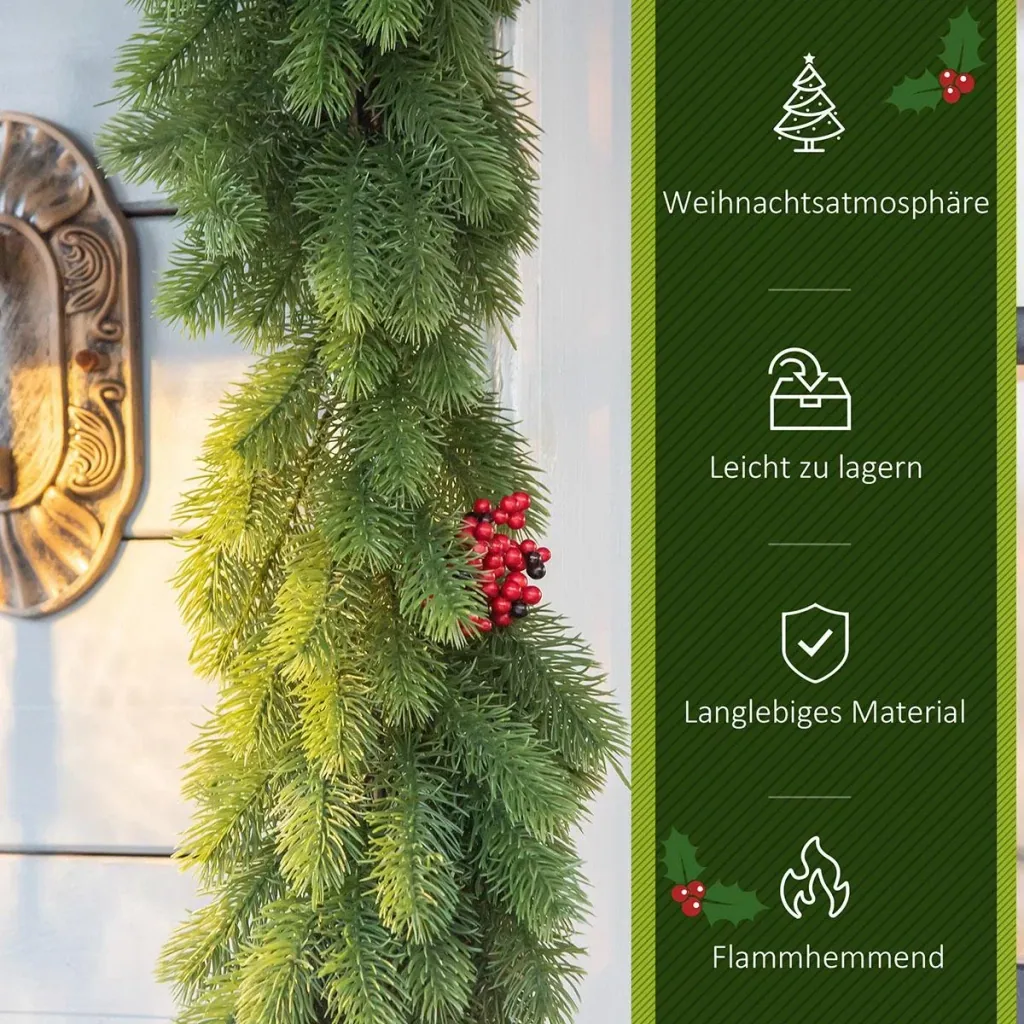 1,9M künstliche Weihnachtsgirlande Blumendekoration mit Tannenzapfen Beeren