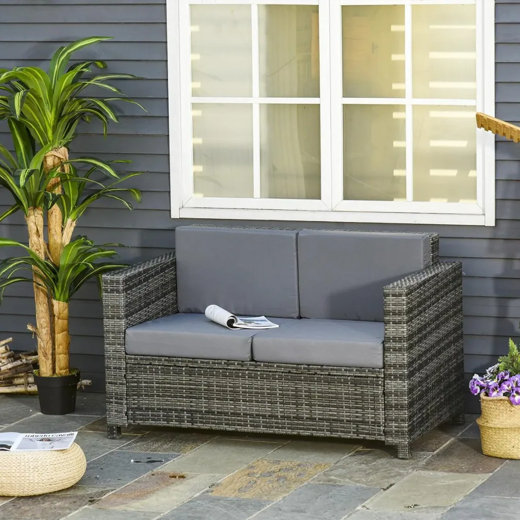 Poly-Rattan Sofa mit Kissen 2-Sitzer Garten Loungesofa Metall Polyester Grau 130 x 70 x 80 cm