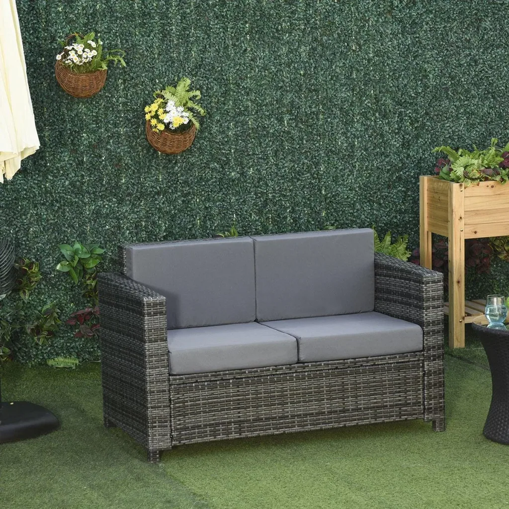Poly-Rattan Sofa mit Kissen 2-Sitzer Garten Loungesofa Metall Polyester Grau 130 x 70 x 80 cm