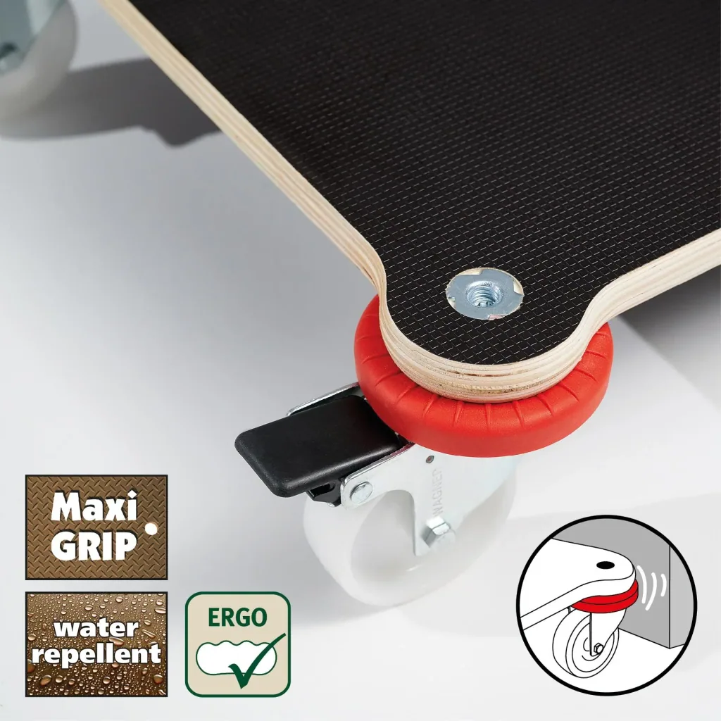 Transporthilfe MM 1360 , 52 x 32 x 12,5 cm, harte Rollen Ø 75 mm, Gleitlager, 2 Bremsen, Platte FSC®, Tragkraft 200 kg