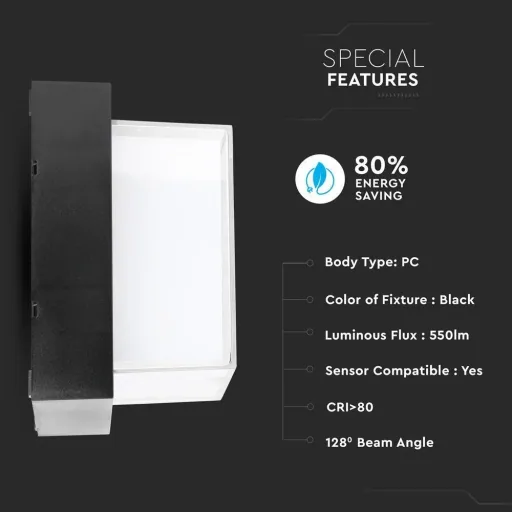 VT-831 LED-Wandleuchte - 7W - 3000K - 400 Lumen - Schwarz - Quadrat