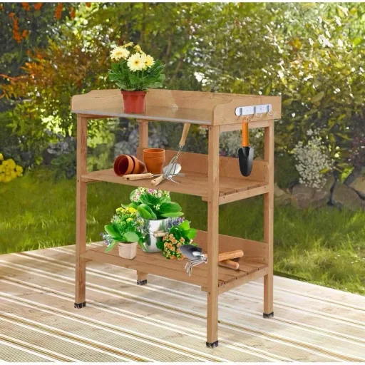 Pflanztisch Gärtnertisch Blumentisch mit Metall Arbeitsfläche Garten Holz