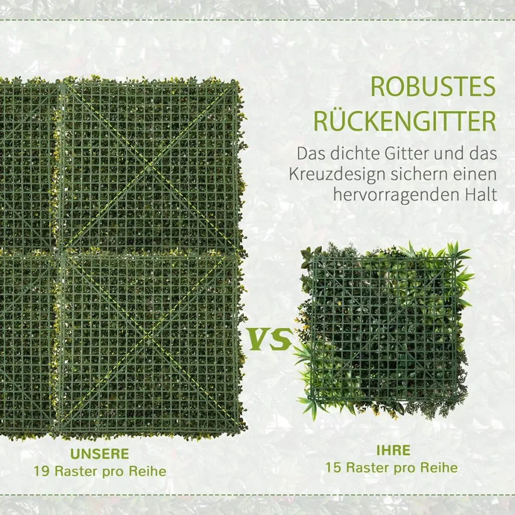 12 Stück künstliches Pflanzenwand Hecke 50x50 cm UV-Schutz Sichtschutz Mailänder Gras Design Heckenpflanze für Garten Ou
