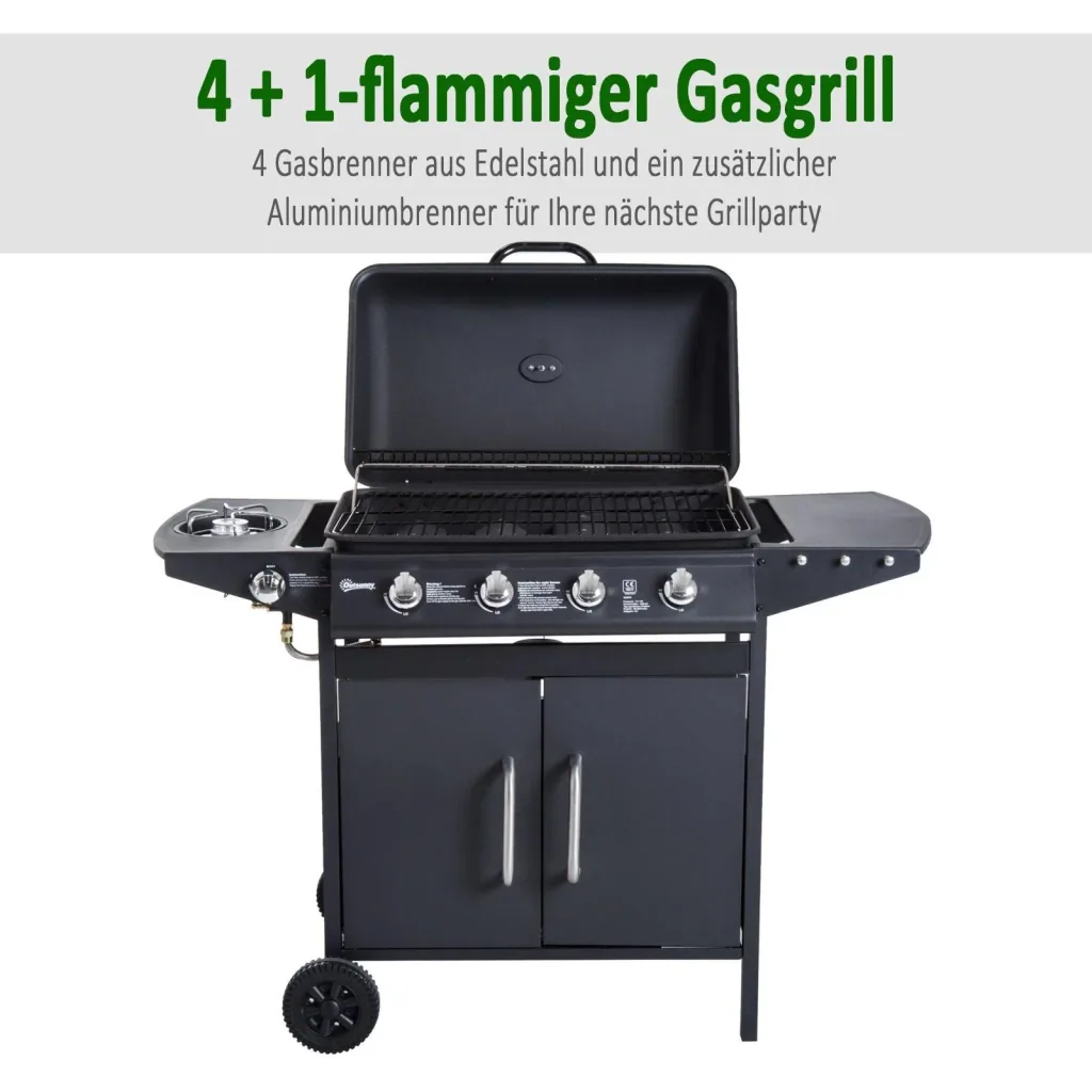 Gasgrill Grillwagen Außenküche Standgrill BBQ mit 4 x Brenner Thermometer Edelstahl 122 x 55 x 98 cm