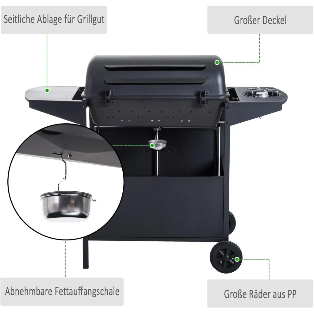 Gasgrill Grillwagen Außenküche Standgrill BBQ mit 4 x Brenner Thermometer Edelstahl 122 x 55 x 98 cm