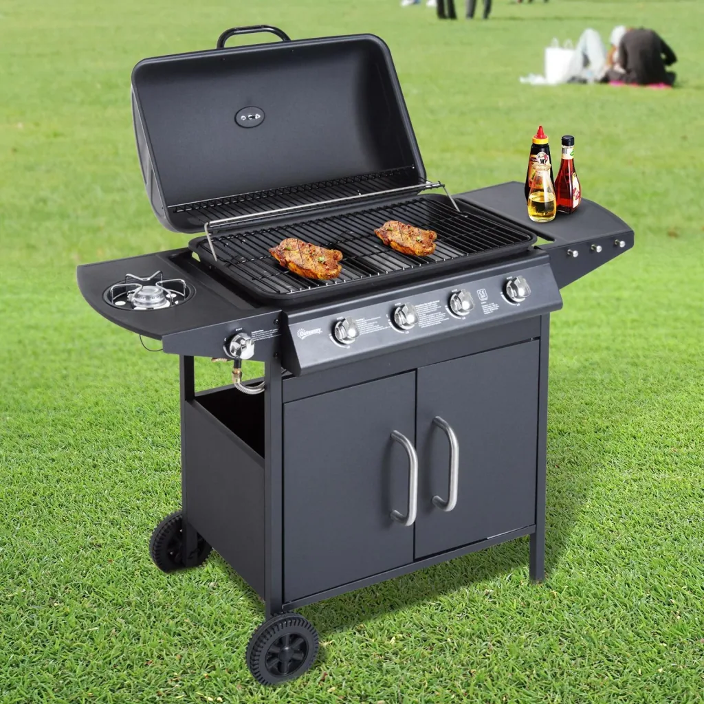 Gasgrill Grillwagen Außenküche Standgrill BBQ mit 4 x Brenner Thermometer Edelstahl 122 x 55 x 98 cm
