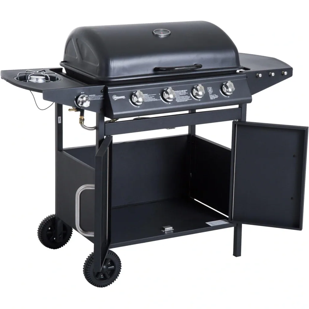 Gasgrill Grillwagen Außenküche Standgrill BBQ mit 4 x Brenner Thermometer Edelstahl 122 x 55 x 98 cm