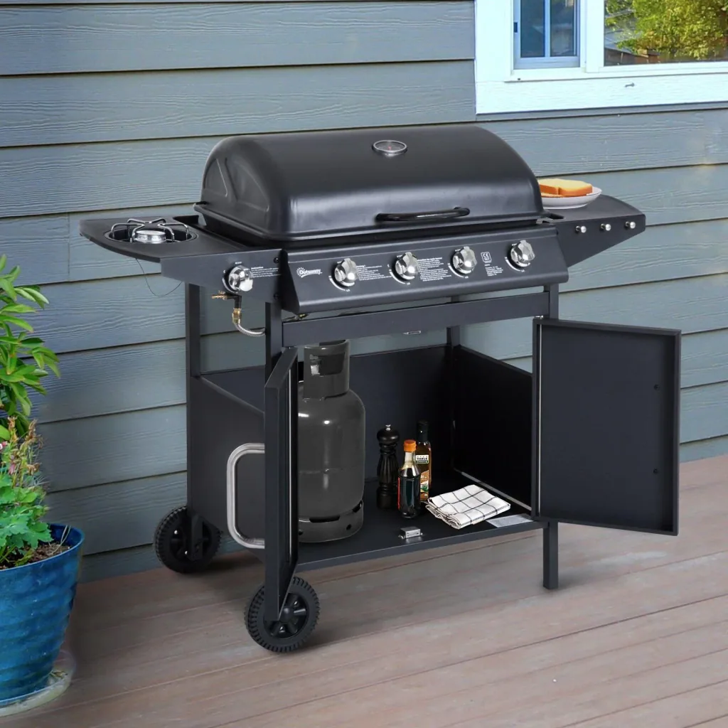 Gasgrill Grillwagen Außenküche Standgrill BBQ mit 4 x Brenner Thermometer Edelstahl 122 x 55 x 98 cm