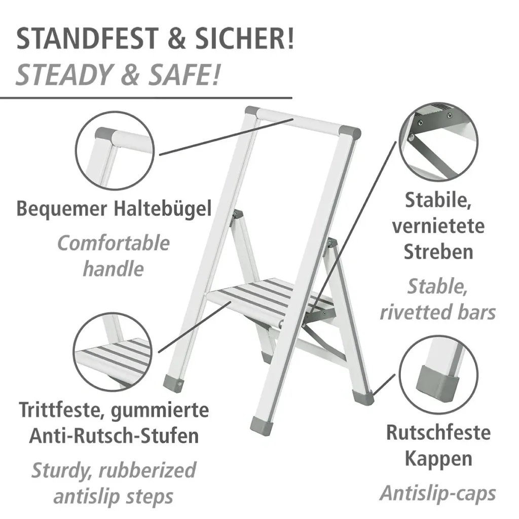 Alu-Design Klapptrittleiter 1-stufig Weiß, rutschfeste Haushaltsleiter, Sicherheits-Stehleiter