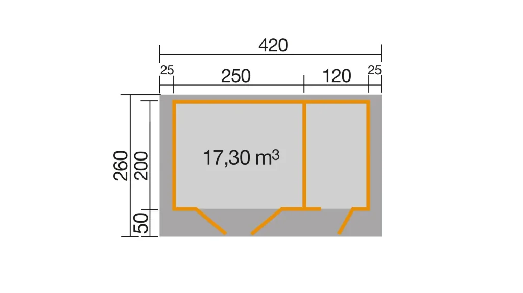 Gartenhaus 253 Gr.1, 420 x 260 x 270 cm Wandstärke 28 mm, Doppeltür, mit 2. Raum Einzeltür