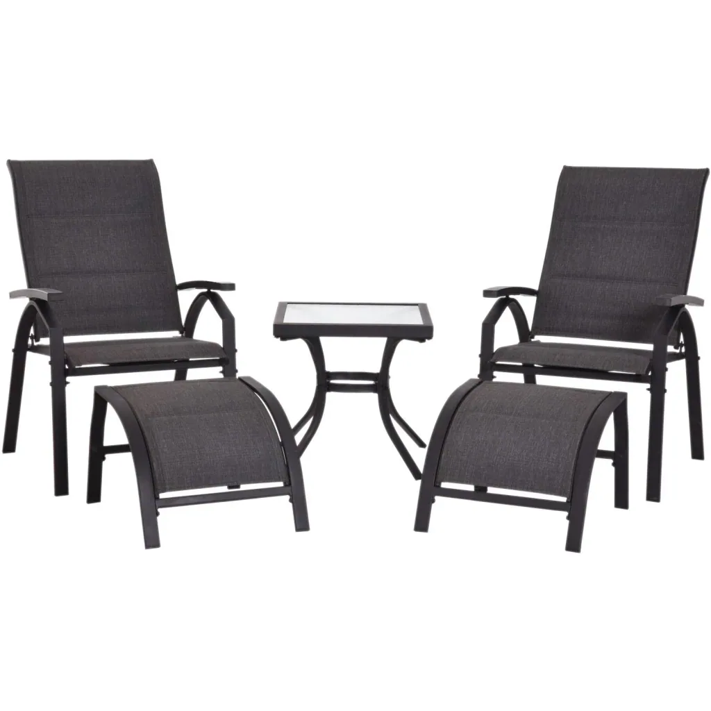 5 tlg, Gartengarnitur Gartensitzgruppe Gartentischset Gartenliege gepolstert Schwarz 2 x Sessel 2 x Hocker 1 x Tisch