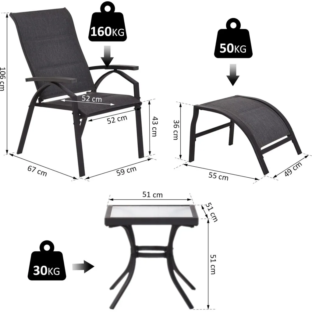 5 tlg, Gartengarnitur Gartensitzgruppe Gartentischset Gartenliege gepolstert Schwarz 2 x Sessel 2 x Hocker 1 x Tisch