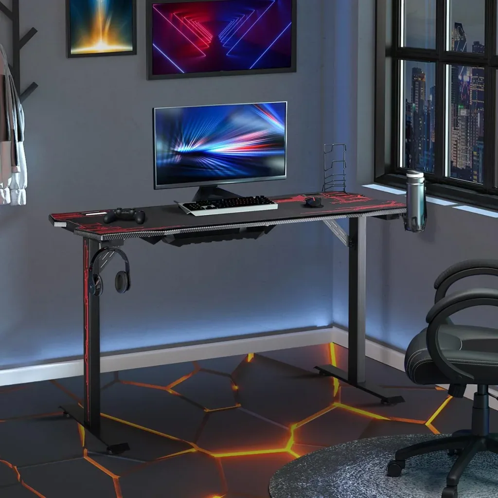 Gaming Tisch Schreibtisch mit Kopfhörerhaken Getränkehalterung Computertisch MDF Metall Schwarz+Rot 140 x 70 x 77 cm
