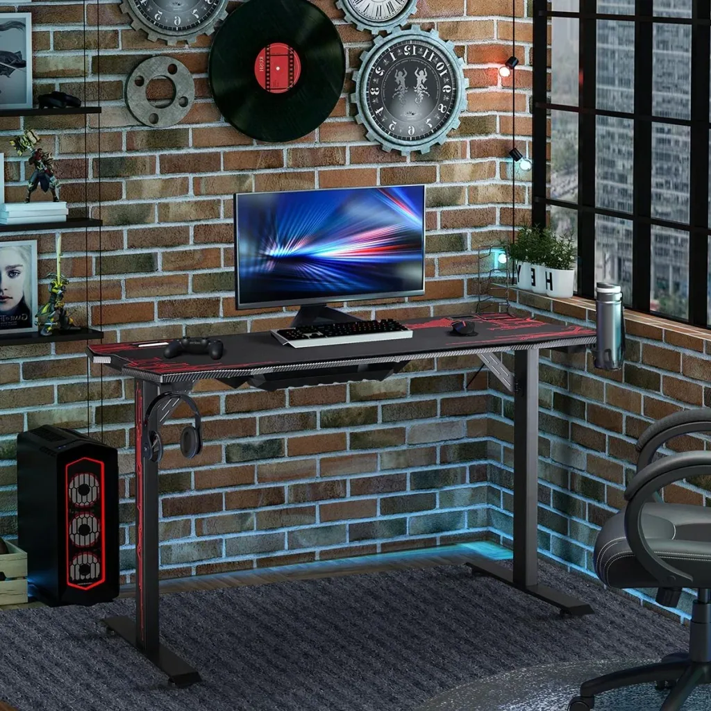 Gaming Tisch Schreibtisch mit Kopfhörerhaken Getränkehalterung Computertisch MDF Metall Schwarz+Rot 140 x 70 x 77 cm