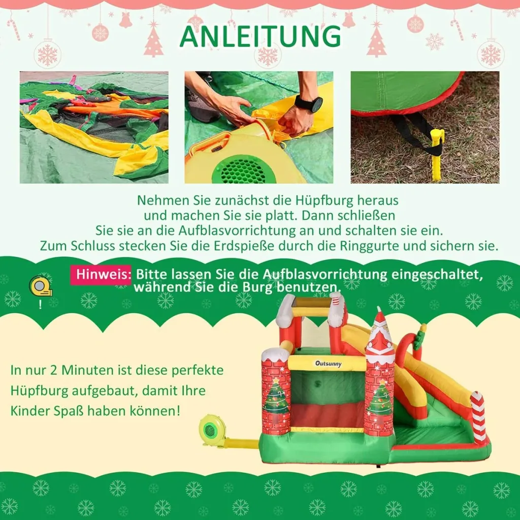 Weihnachten Aufblasbare Hüpfburg für 3 Kinder Springburg mit Gebläse für 3-8 Jahre Rot+Grün+Weiß 290 x 280 x 220 cm