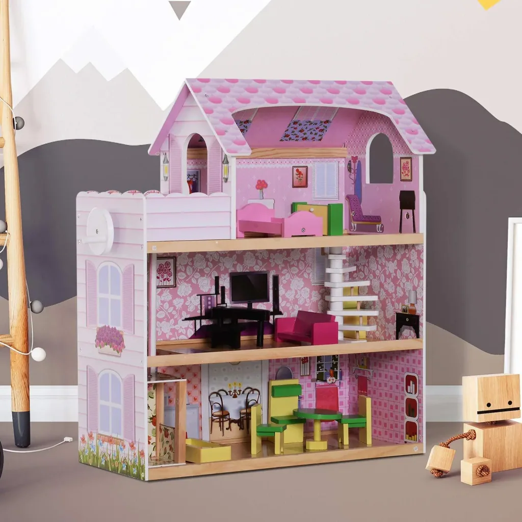 Kinder Puppenhaus Puppenstube Barbiehaus Dollhouse 3 Etagen mit Möbeln L60 x B30 x H71