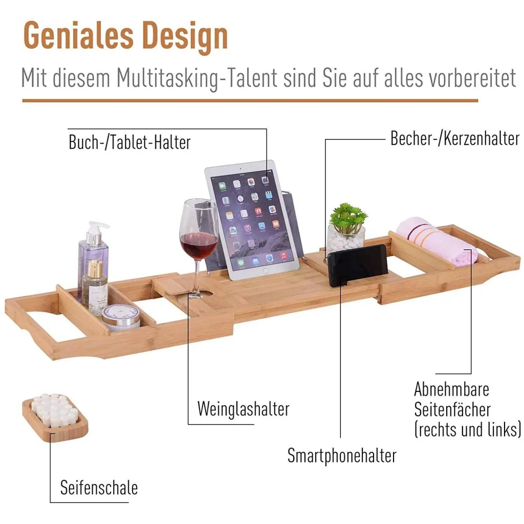 Badewanne Badewannenregal Badewannenablage größenverstellbar Bambus Natur (73,5 108) x 17 x 5 cm