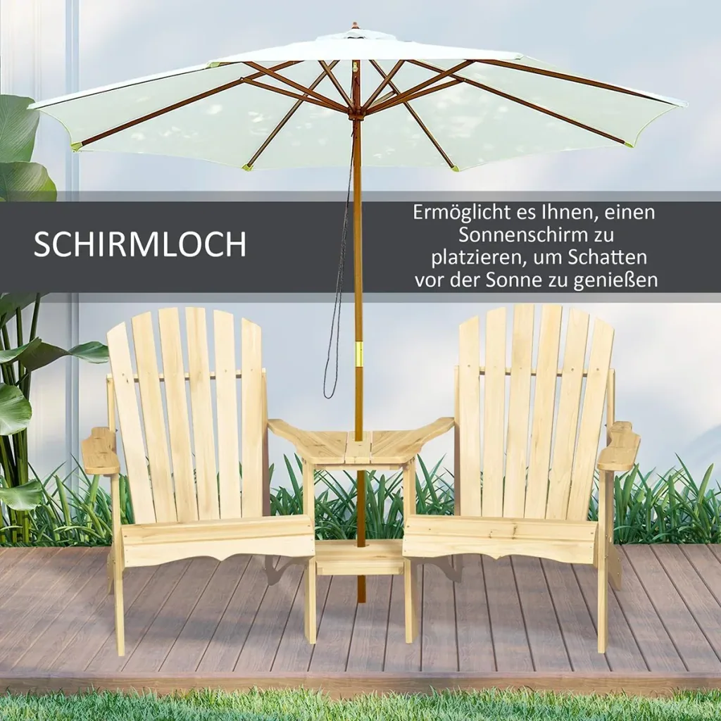 Adirondack Gartenstuhl mit Tisch und Schirmloch 2 Sitzer Gartensessel Sitzgruppe Gartenmöbel für Balkon Massivholz Natur