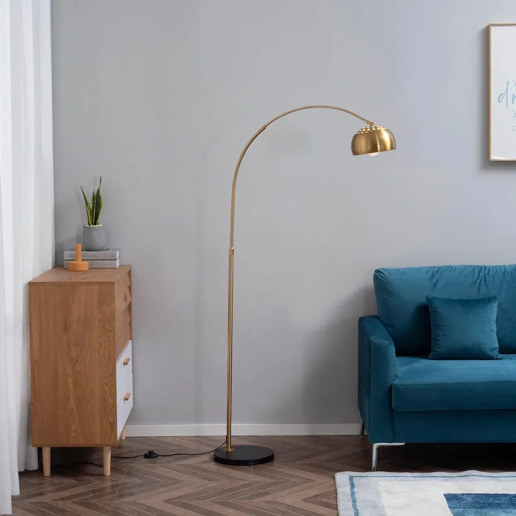 Bogenlampe Stehlampe Wohnzimmer mit vergoldeter Lampenschirm Stehleuchte 40W Bogenleuchte mit E27 Fassung Schirm für Sch