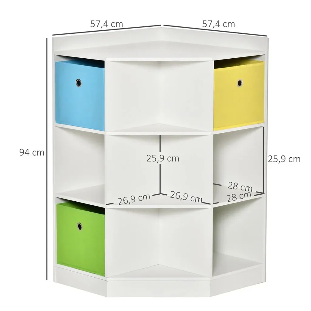 Kinderregal Eckregal mit 3 Aufbewahrungsboxen Kinderzimmer Spielzeugablage für 3-12 Jahre Kinder Weiß 57,4 x 57,4 x 94 c