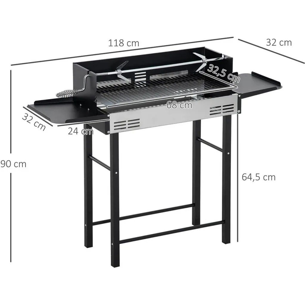 BBQ Grill mit Spieß - Edelstahl - Schwarz/Silber - 118 x 32 x 90 cm