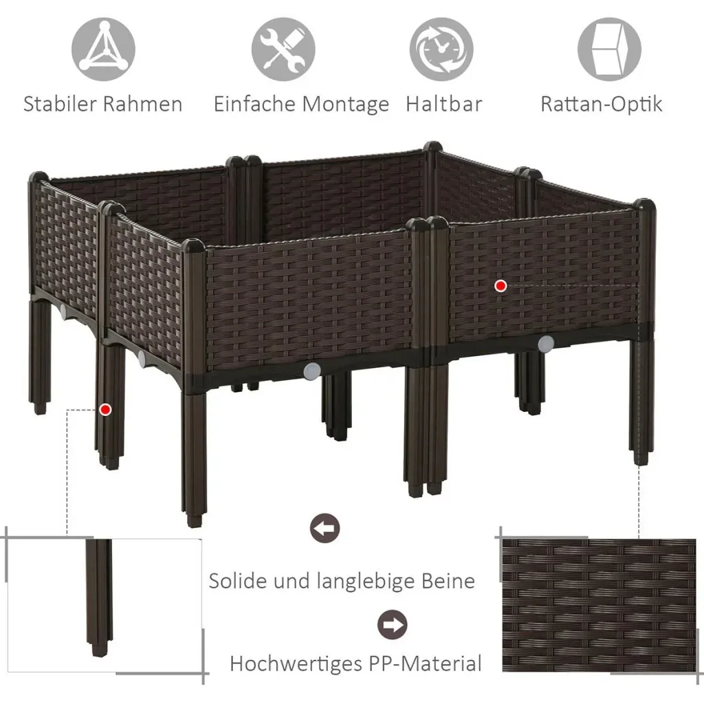 Hochbeet 4-teiliger Pflanzkasten mit Abflusslöchern Rattan-Look Blumenkasten DIY Braun 40 x 40 x 44 cm