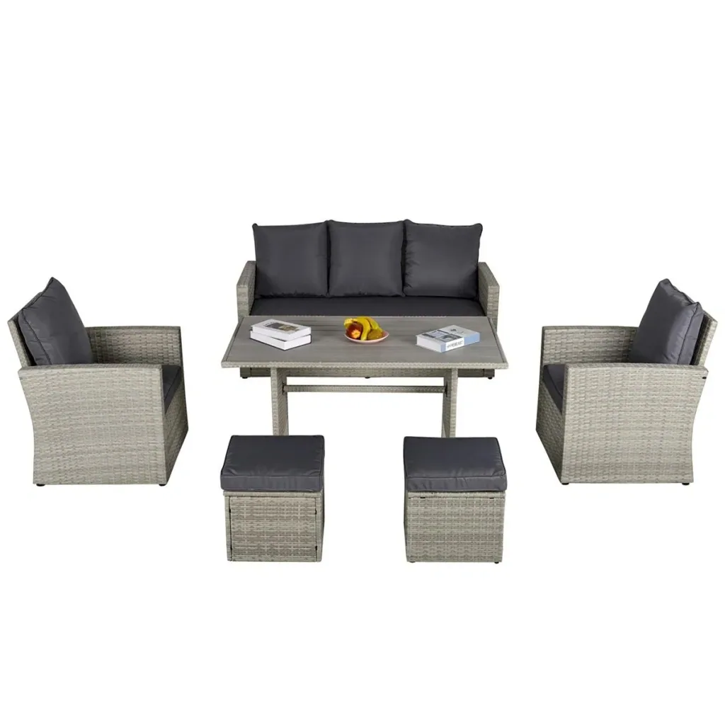 Poly Rattan Sitzgruppe 6 tlg. Garten Essgruppe Sofa-Set Sofa Lounge Hocker Hof Balkon Pool PE Rattan Grau