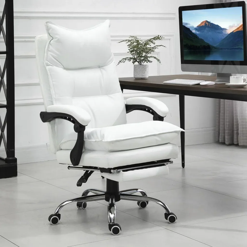 Bürostuhl mit Fußstütze höhenverstellbarer Schreibtischstuhl Drehstuhl Rückenlehne Kunstleder Weiß 66 x 72 x 122-130 cm