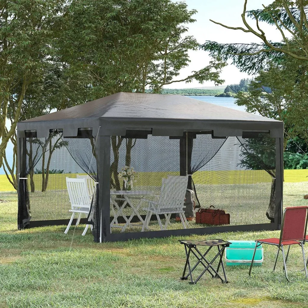 Pavillon Partyzelt mit Seitenwänden Metall PE Weiß+Dunkelgrau+Schwarz 4 x 3 m
