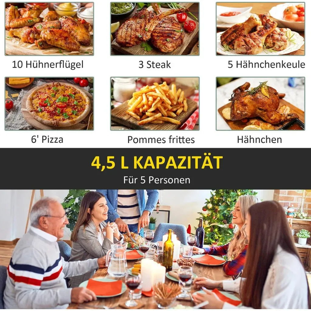 Heißluftfritteuse 4,5 L 1500W mit 8 Menüs Antihaftbeschichteter Korb für gesundes ölfreies fettarmes Kochen Stahl Schwar