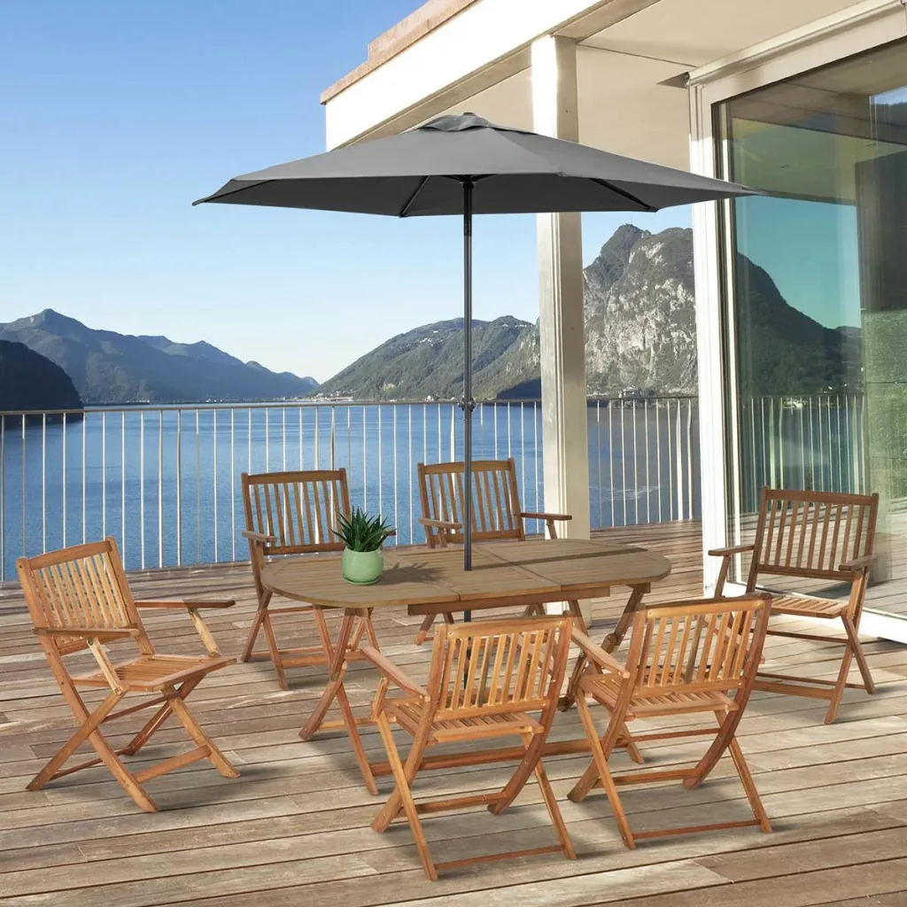 7-teiliges Gartenmöbel-Set mit Sonnenschirmöffnung im Tisch, Pappelholz, Farbe Teak