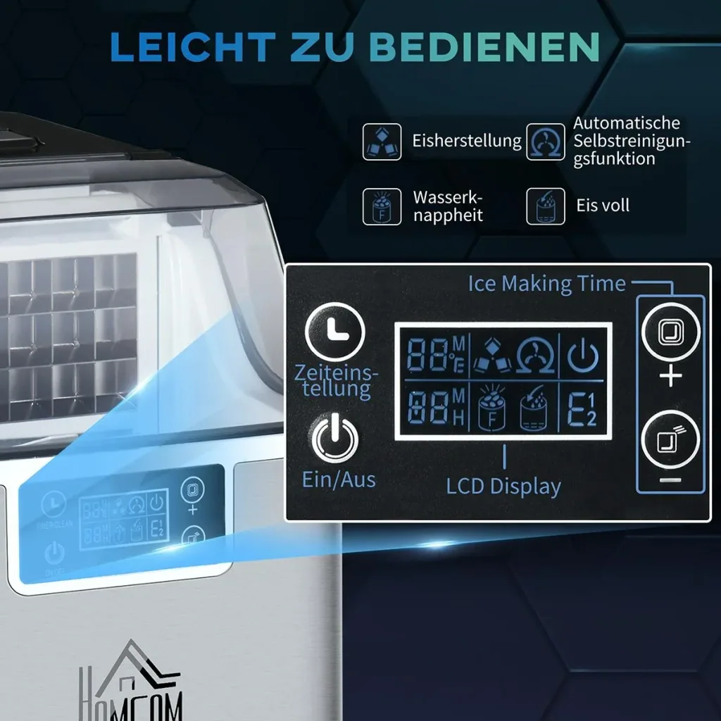 Eiswürfelbereiter 20 kg/24h 2.3 l Eiswürfelbereiter mit 3.2 l Wassertank Display Edelstahl silber 25,2 x 36 x 37,1 cm