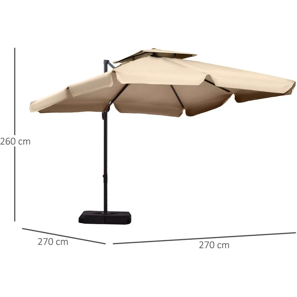 Sonnenschirm mit Sonnenschirmfuß und 4 Gewichten, Aluminium, khaki, 2,7 x 2,7 x 2,6 m