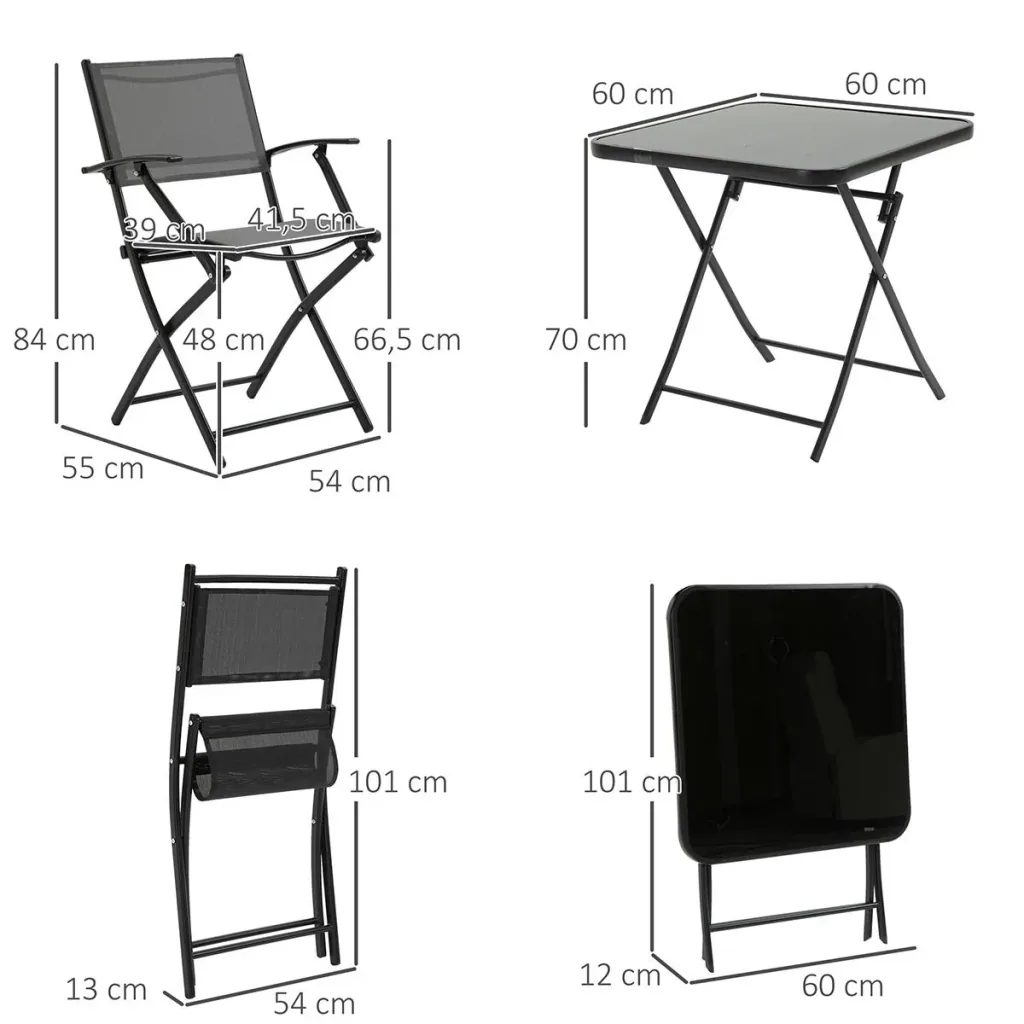 Sitzgruppe klappbar 3tlg. Balkonset Balkonmöbel 1 Tisch+2 Stühle Gartenmöbel Set Sitzgarnitur Metall Mesh Schwarz+Grau