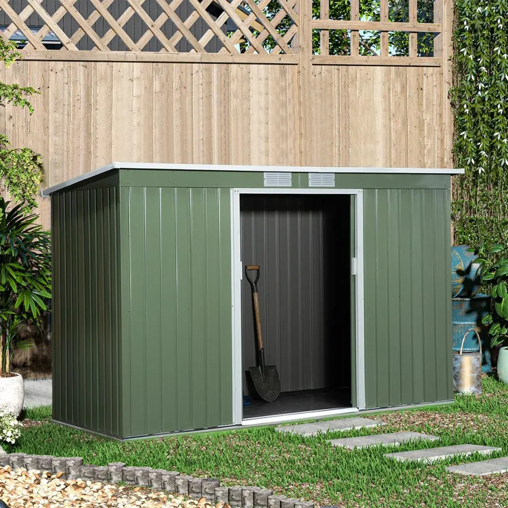 Gerätehaus, Gartenhaus, Geräteschuppen mit Schiebetür, Lüftungsfenster, Pultdach, Outdoor, Stahl, Hellgrün, 277 x 130 x