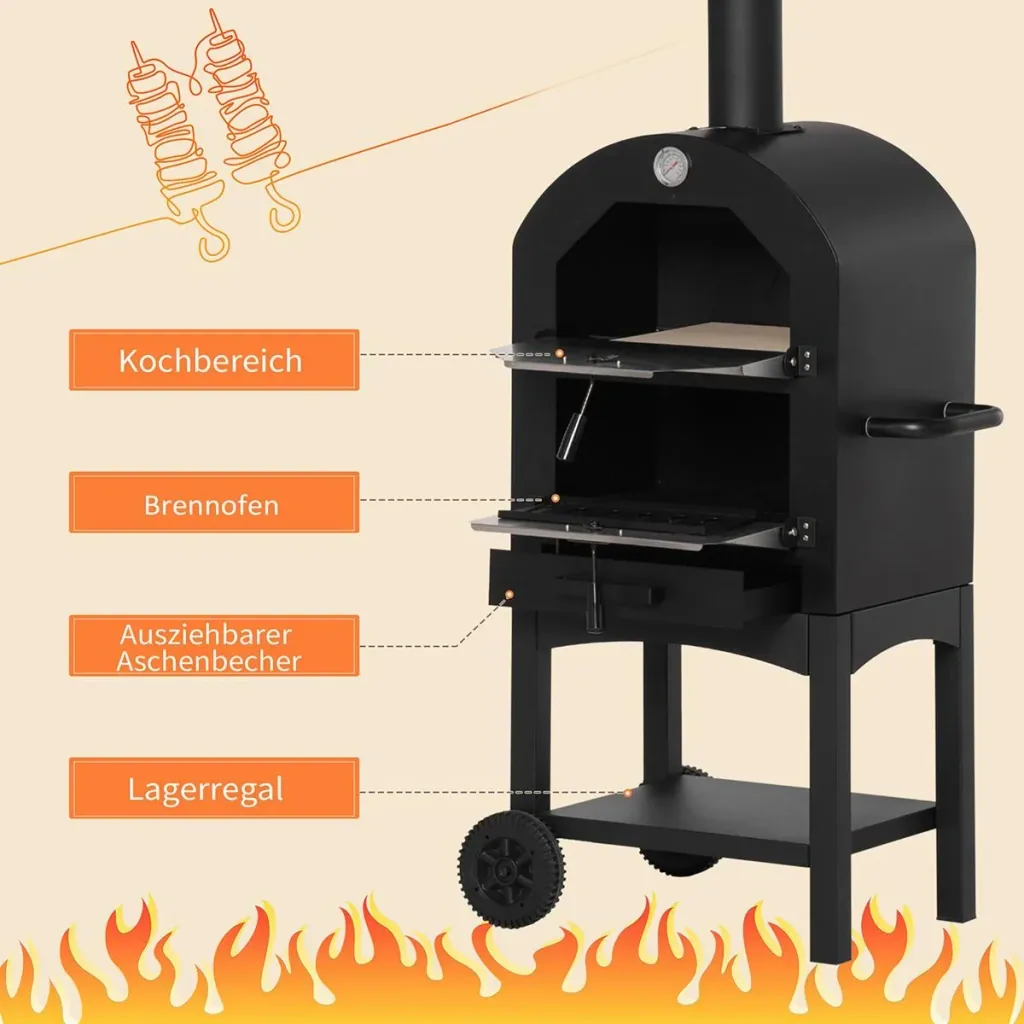 2-In-1 Pizzaofen Outdoor mit Rollen 3-Tier Holzbackofen für BBQ Stahl Schwarz+Silber 63 x 54 x 161 cm